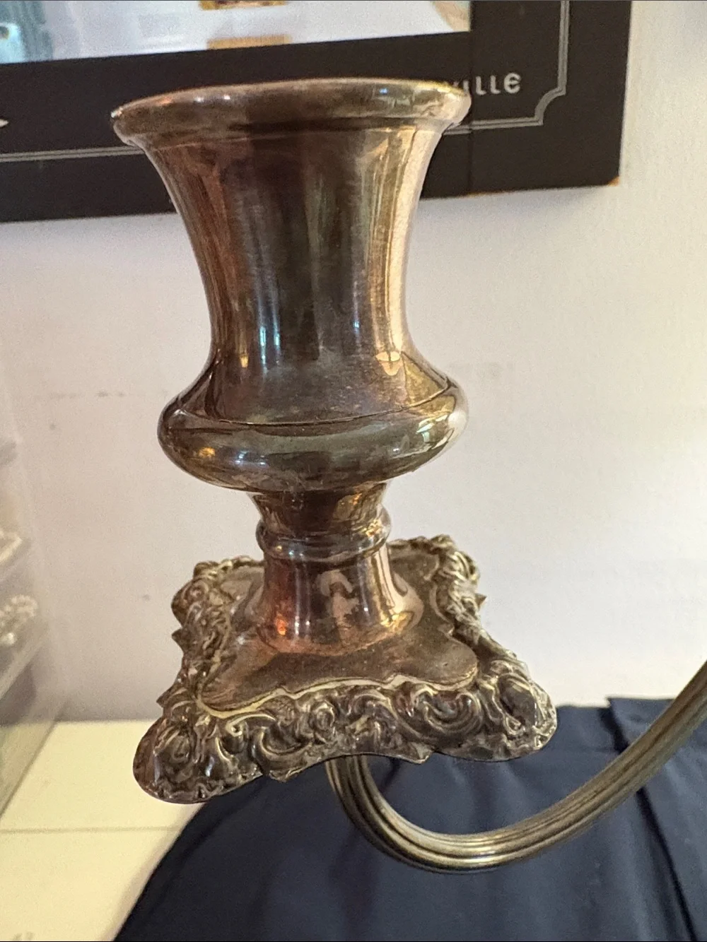 Ornate Silver Finish Three-Arm Candelabra